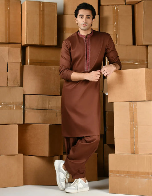 Brown Cotton Kameez Shalwar