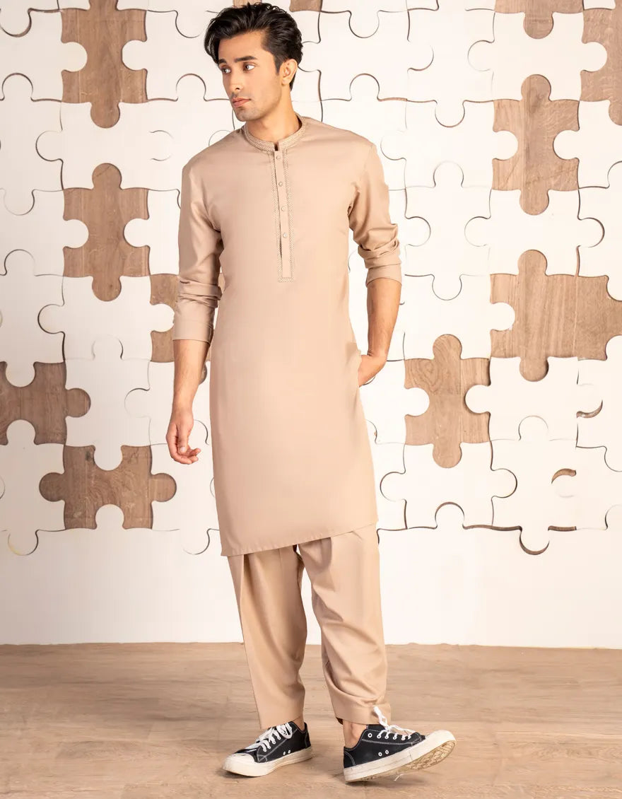 Beige Blended Kameez Shalwar