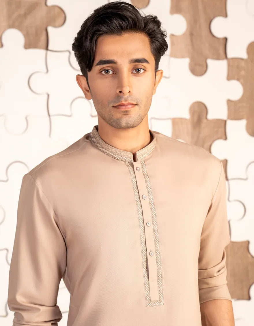 Beige Blended Kameez Shalwar