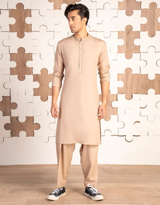 Beige Blended Kameez Shalwar