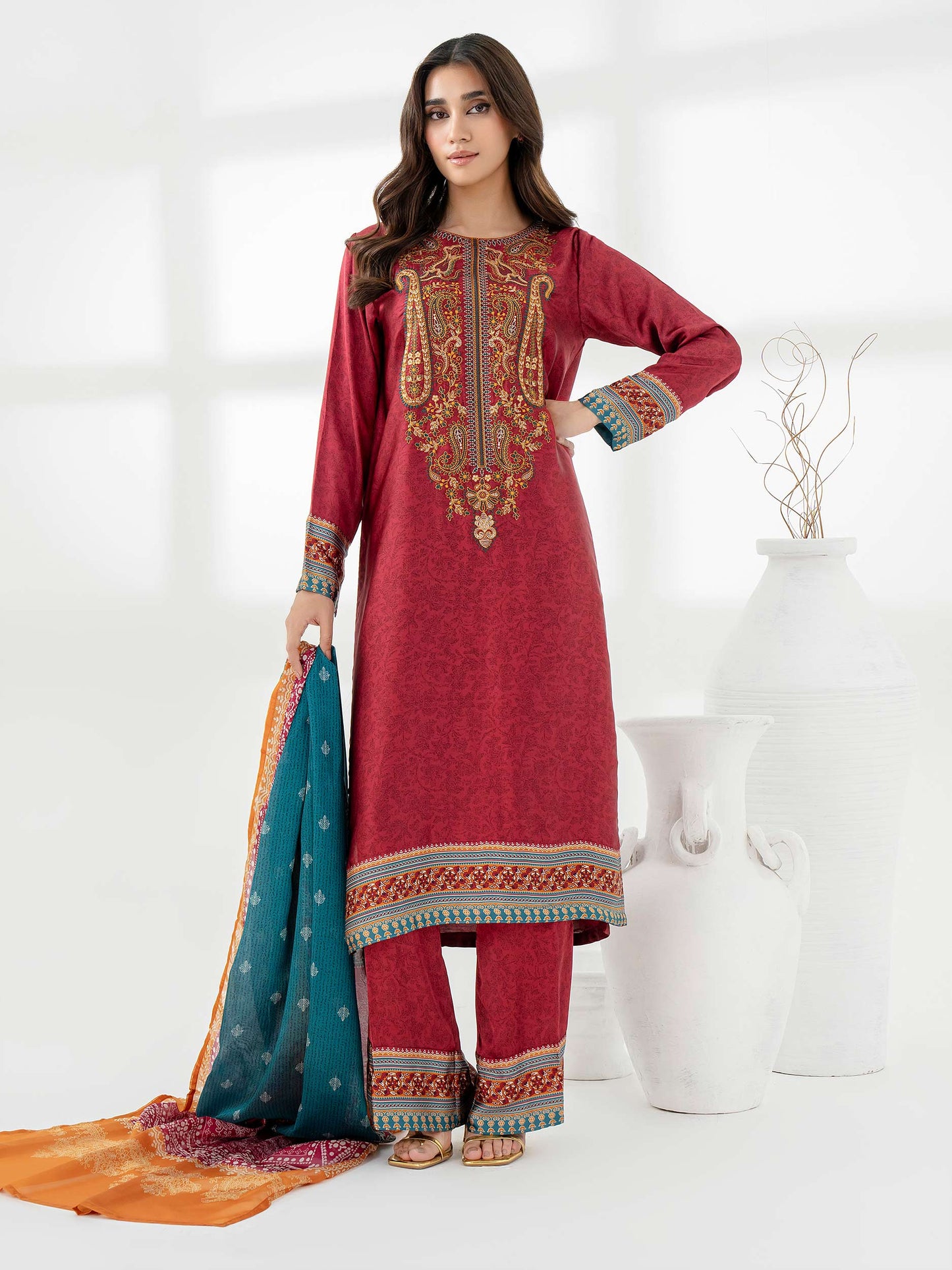 3pc Red Embroidered Silk Suit