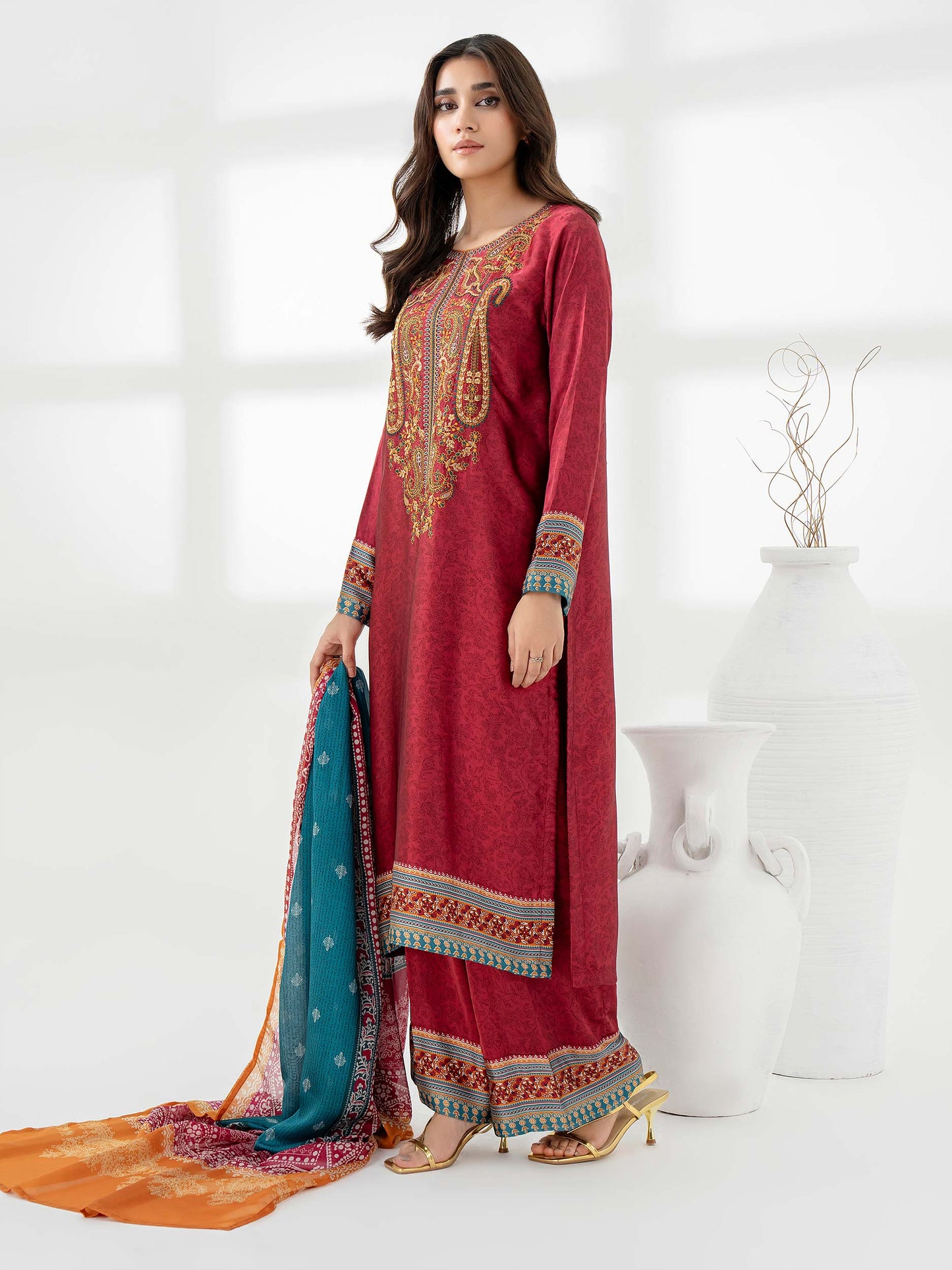 3pc Red Embroidered Silk Suit