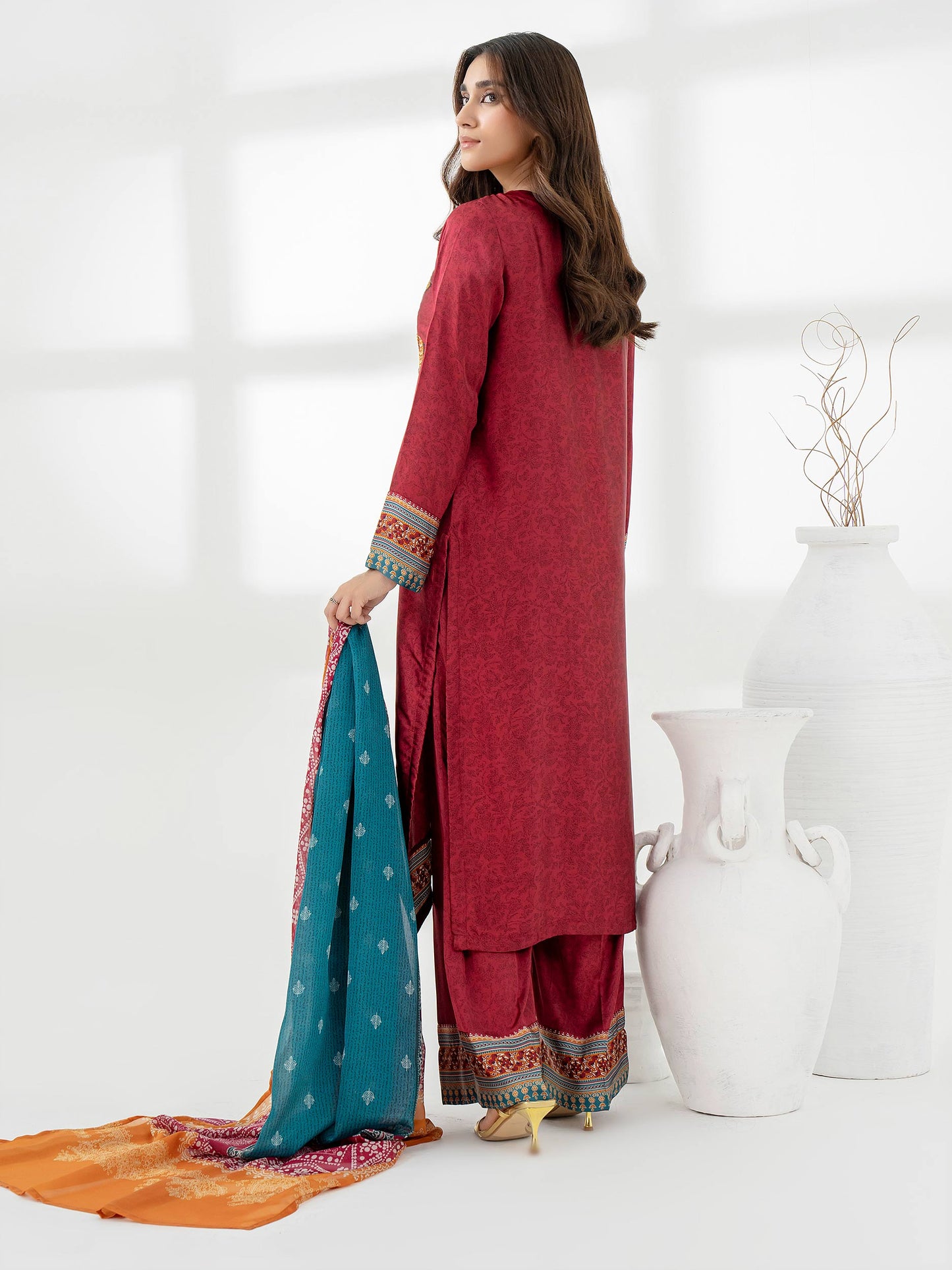 3pc Red Embroidered Silk Suit