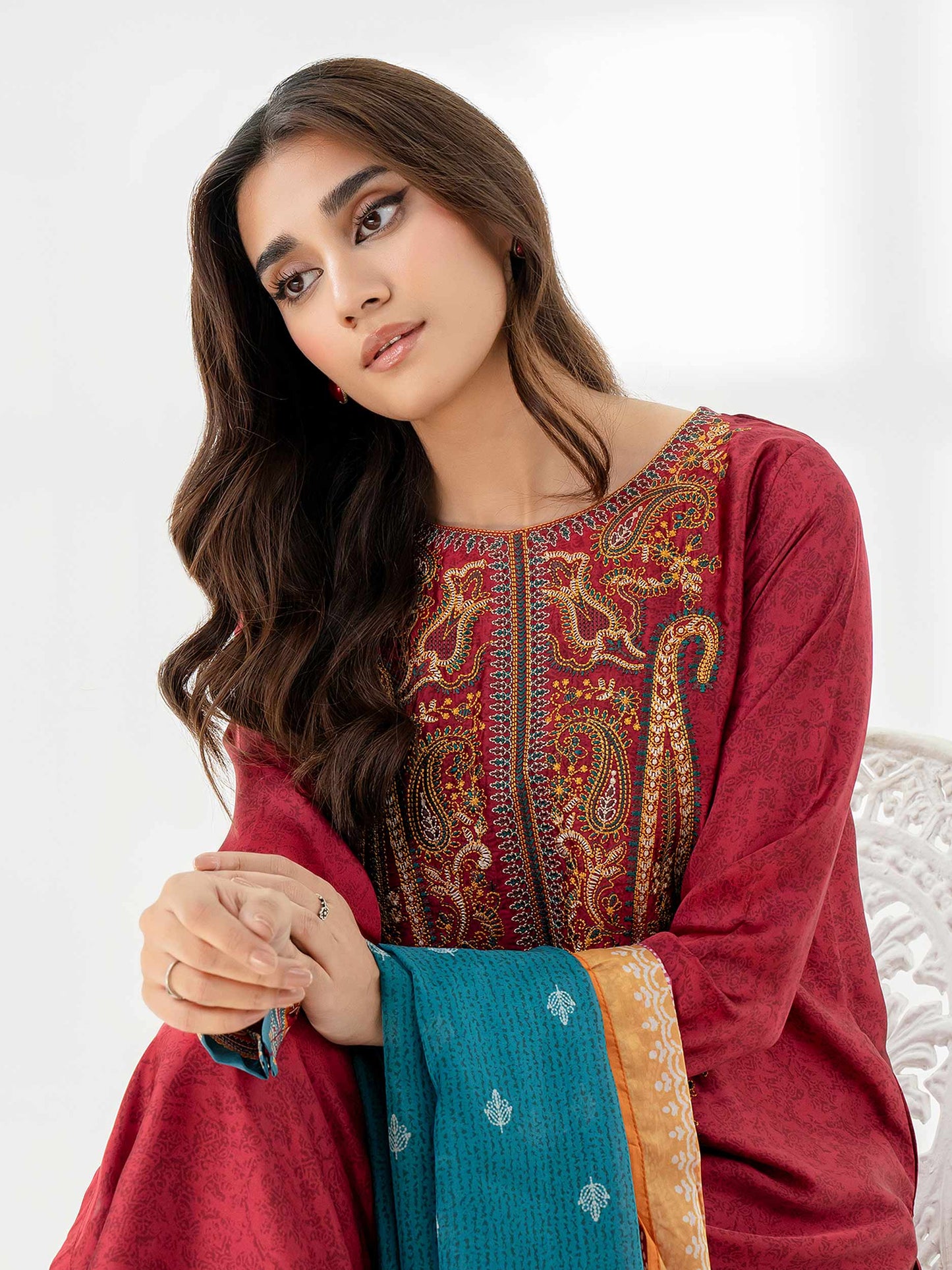 3pc Red Embroidered Silk Suit