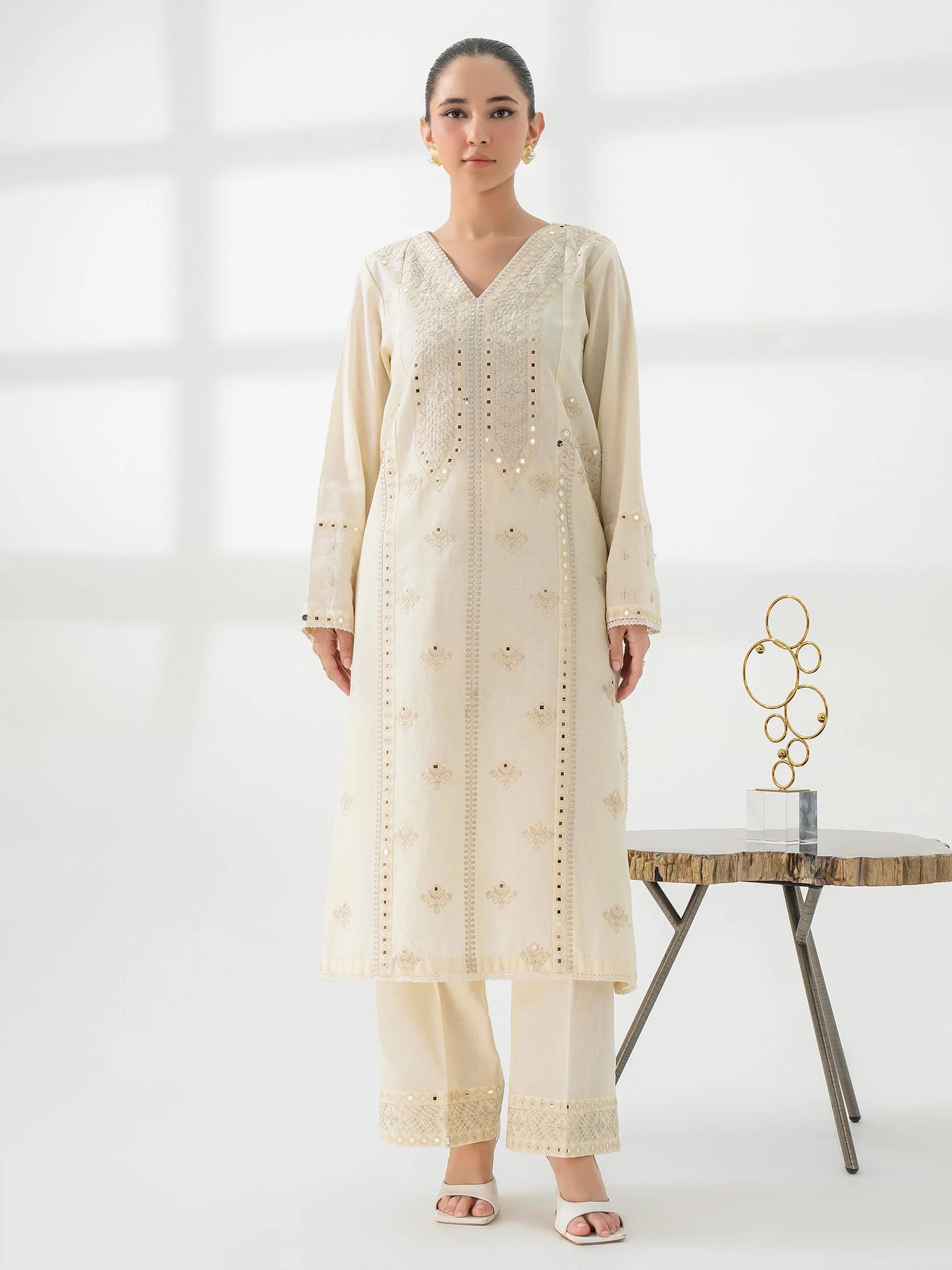 3pc Beige Khaddar Embroidered Suit