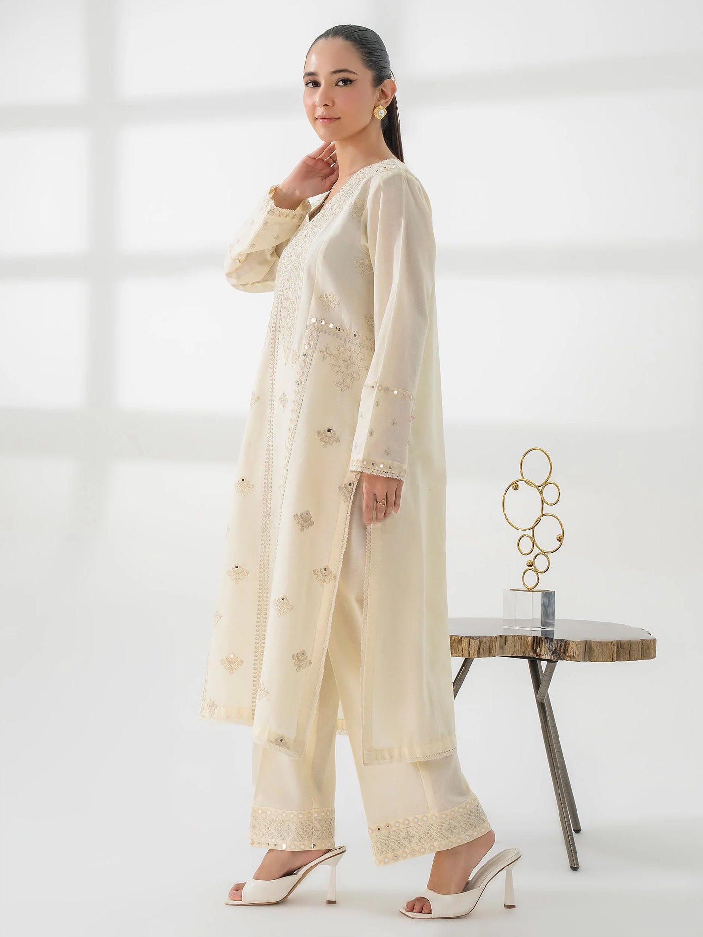 3pc Beige Khaddar Embroidered Suit