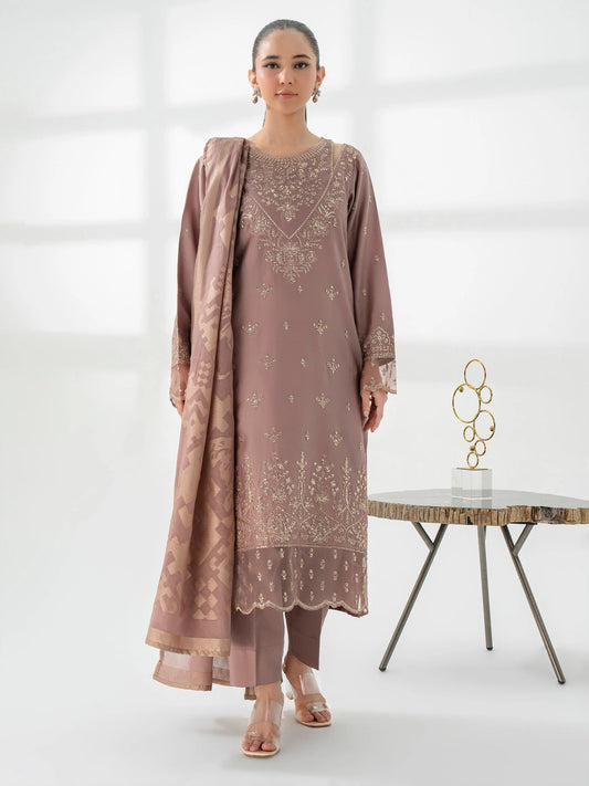 3pc Mauve Satin Embroidered Suit