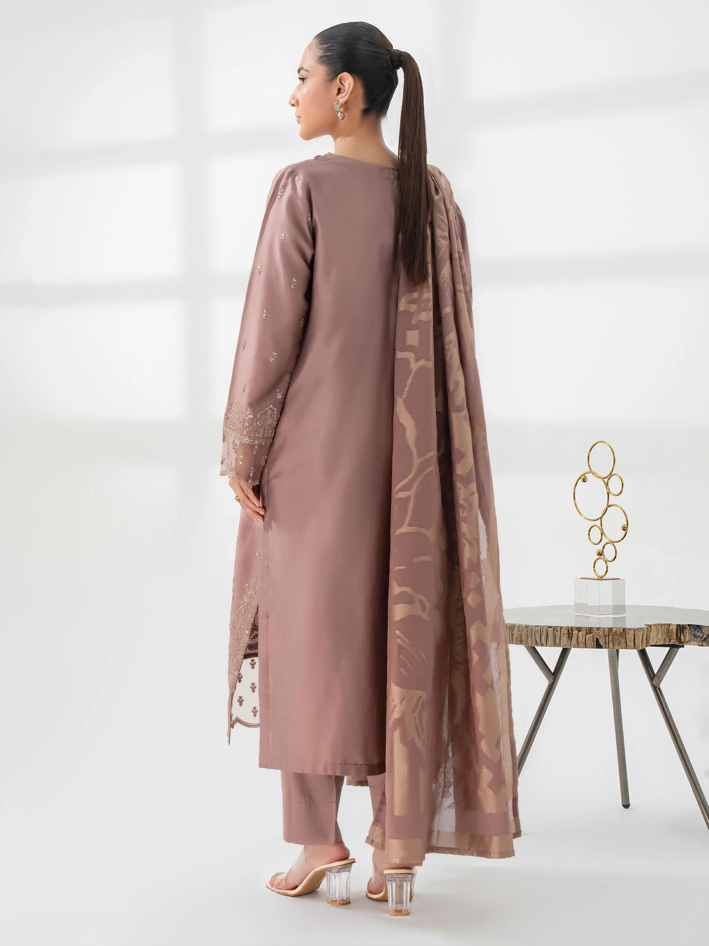 3pc Mauve Satin Embroidered Suit