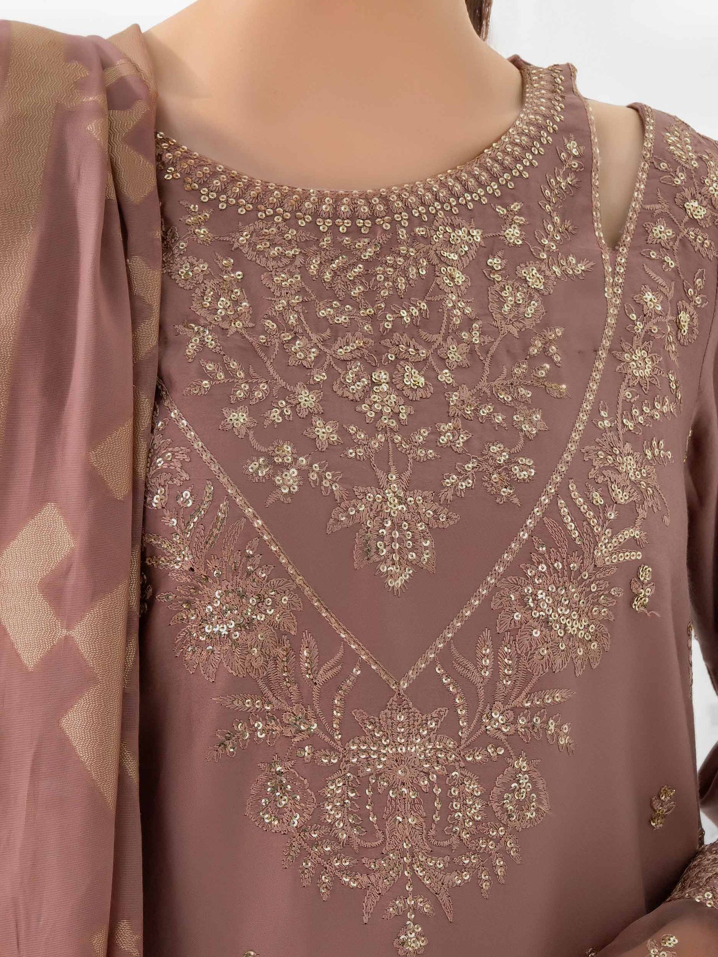 3pc Mauve Satin Embroidered Suit