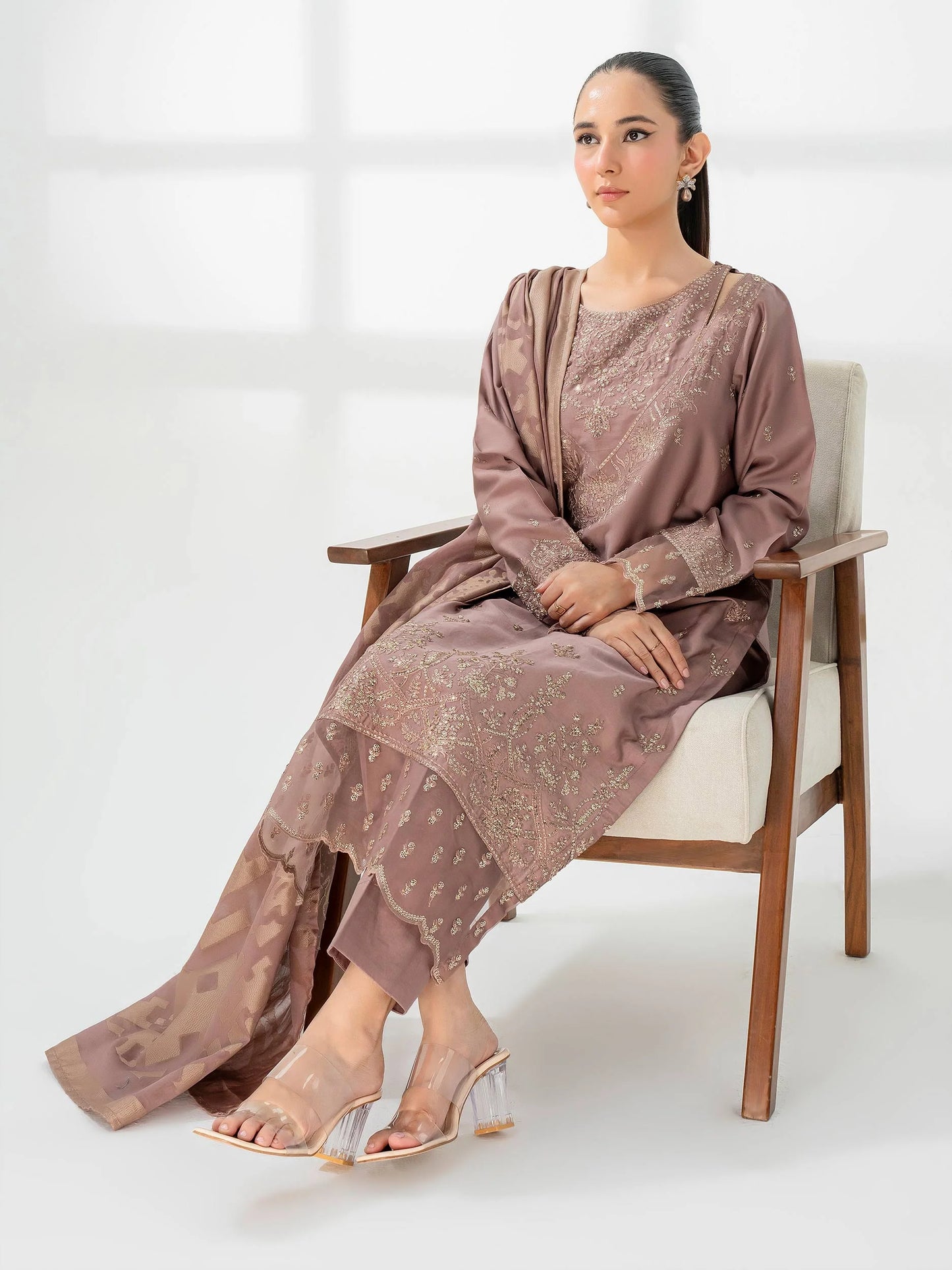 3pc Mauve Satin Embroidered Suit