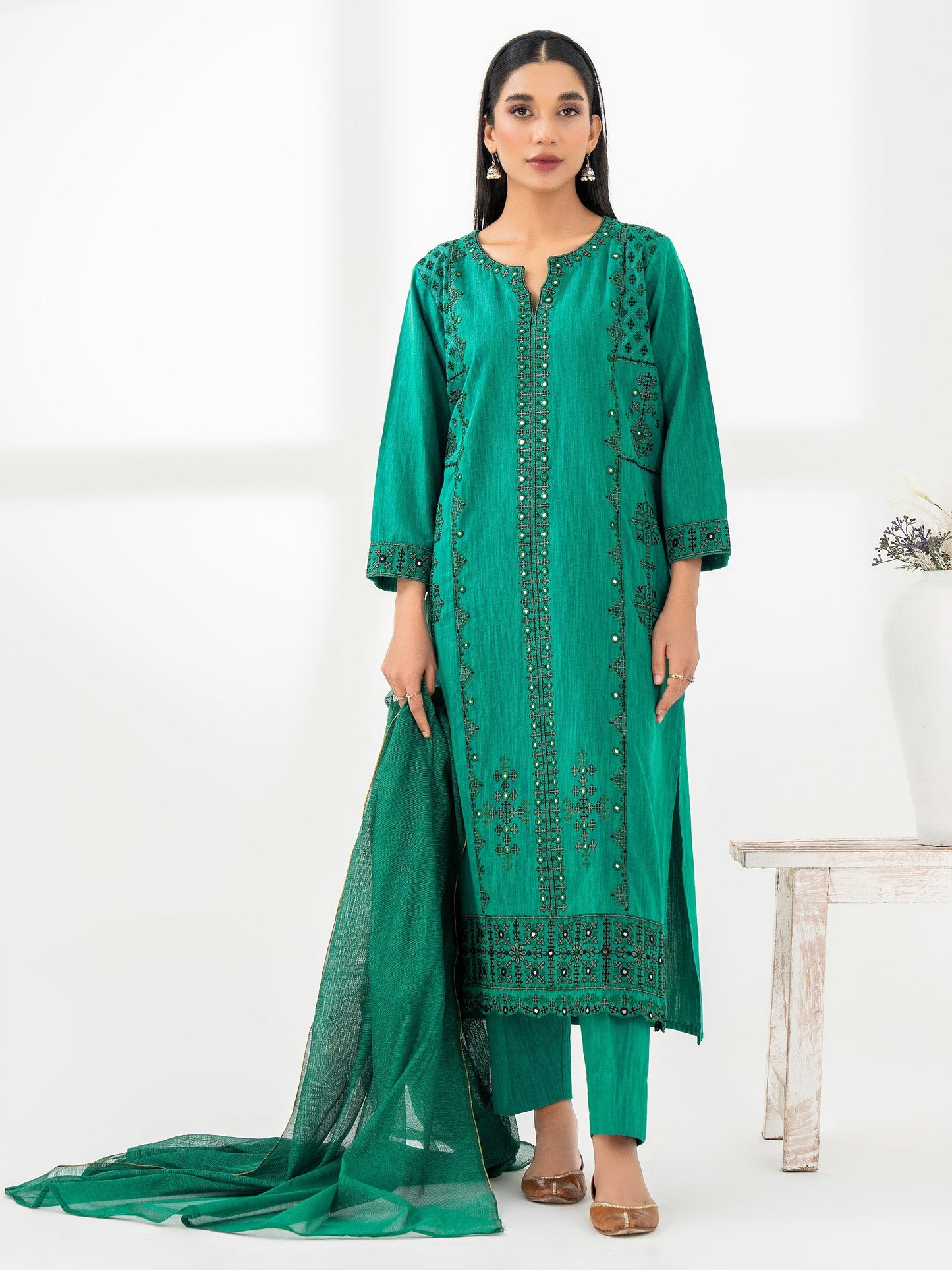 3pc Green Yard Dyed Embroidered Suit