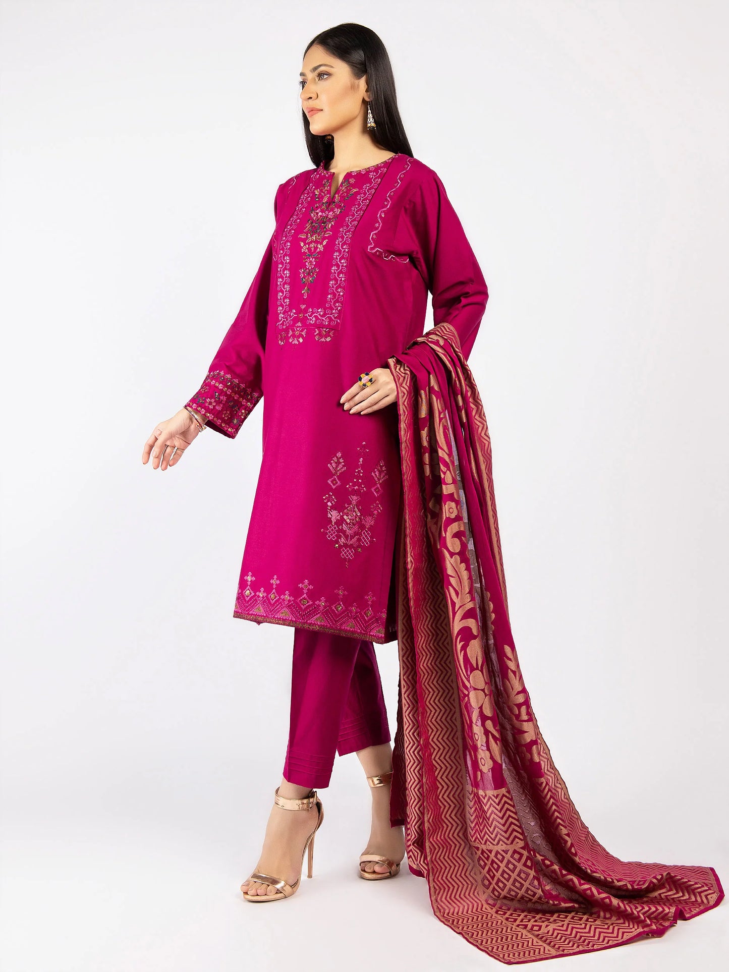 3pc Purple Winter Cotton Embroidered Suit