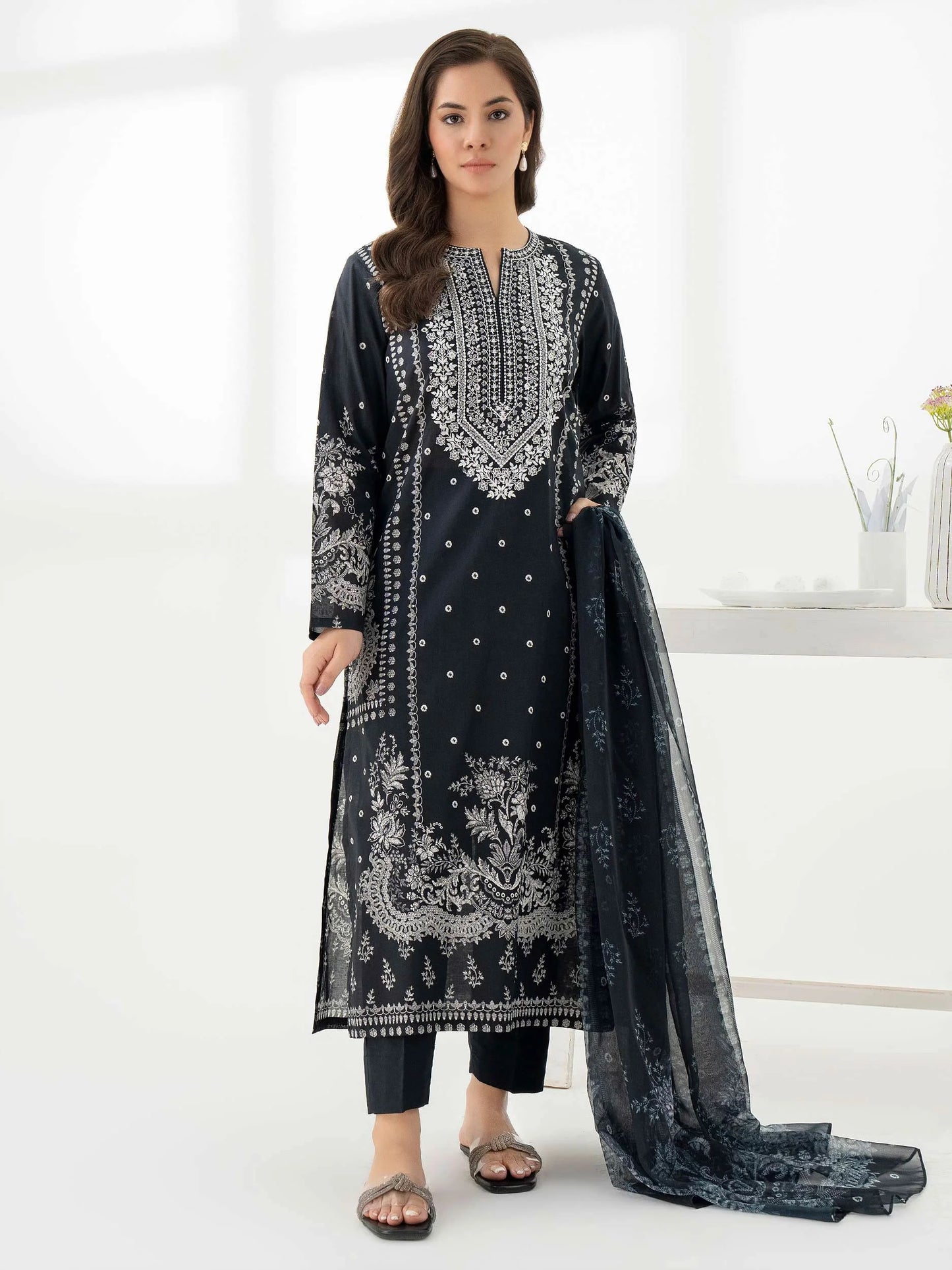 3pc Black Cambric Embroidered Suit