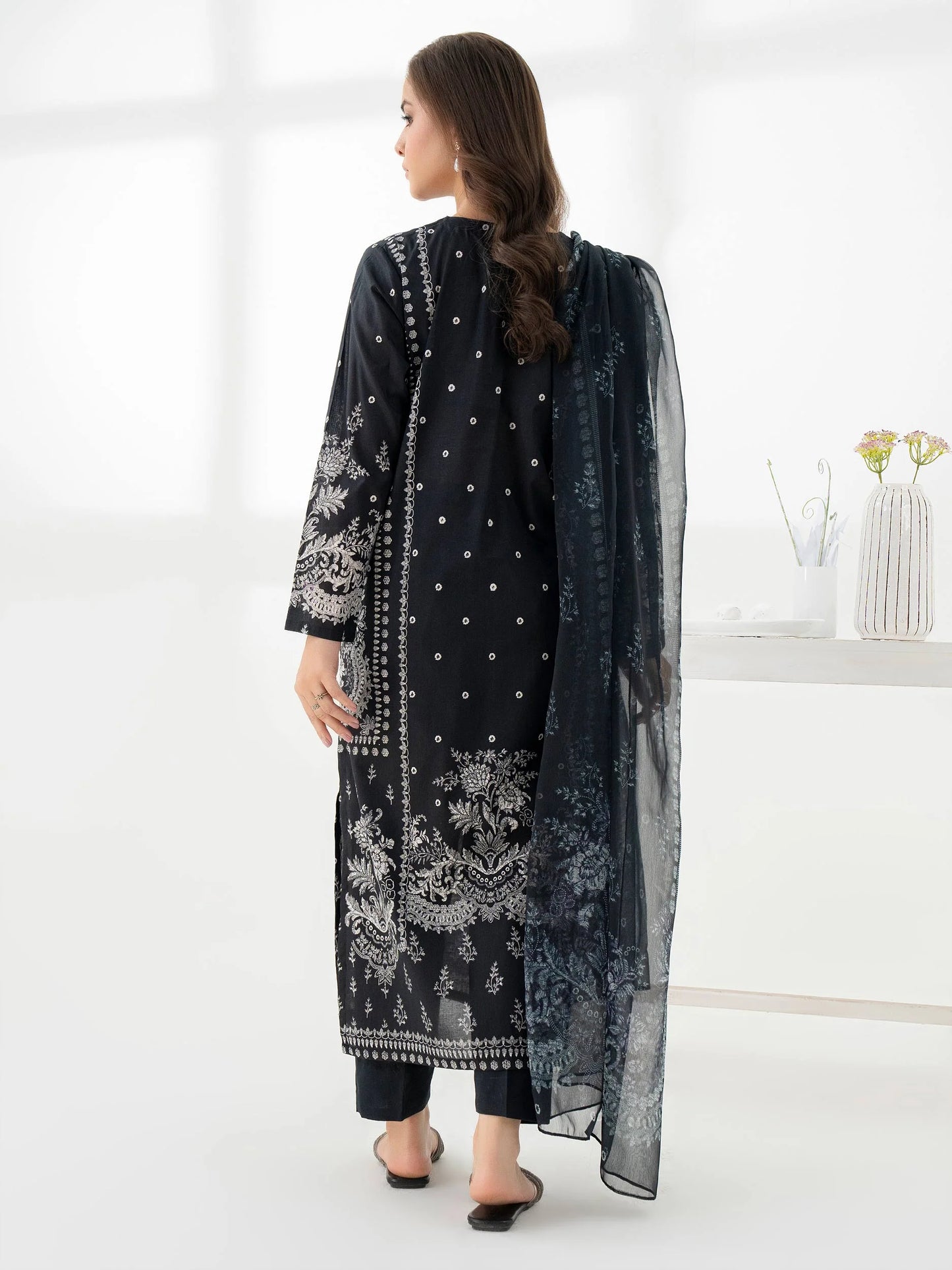 3pc Black Cambric Embroidered Suit