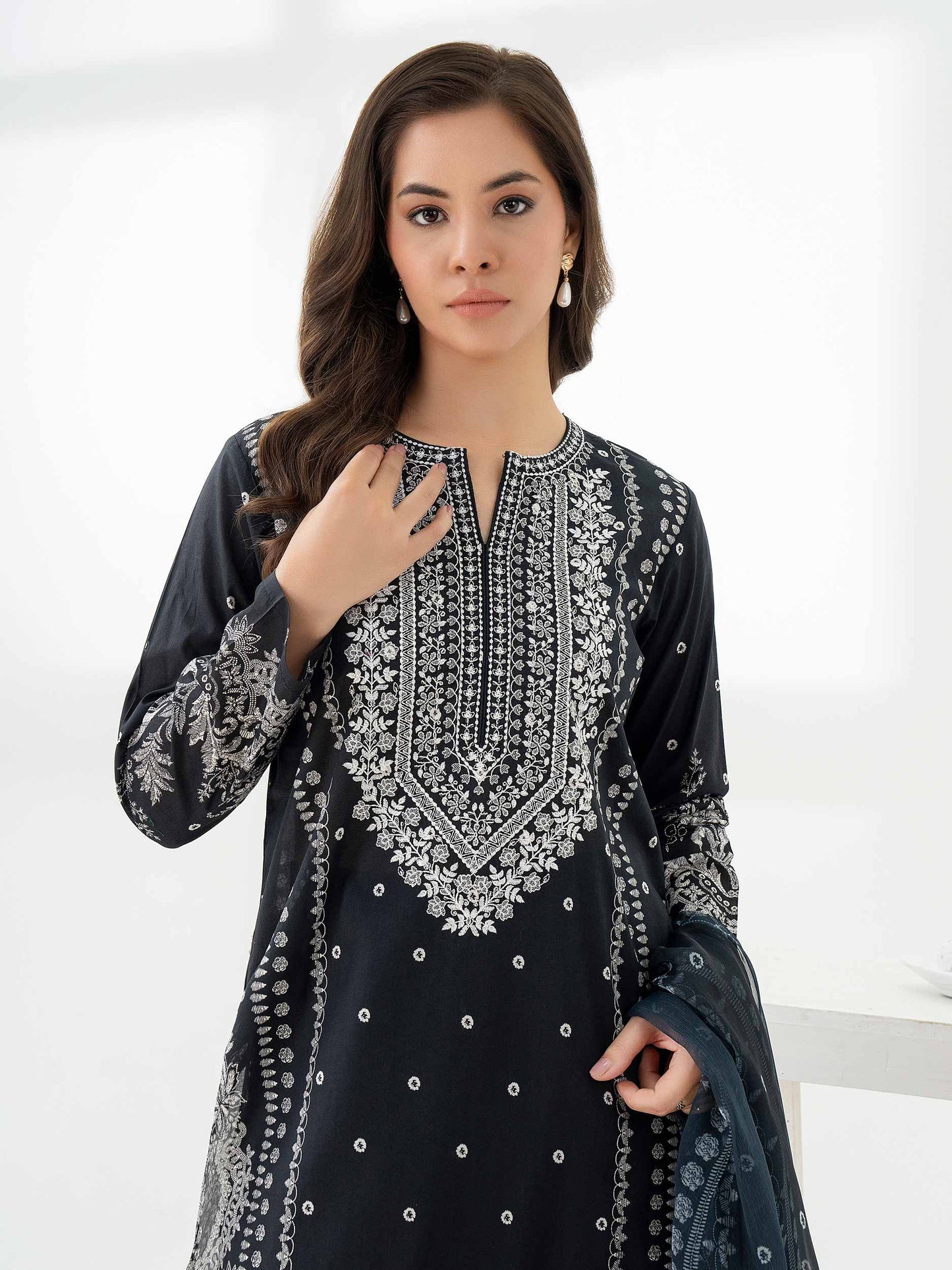 3pc Black Cambric Embroidered Suit