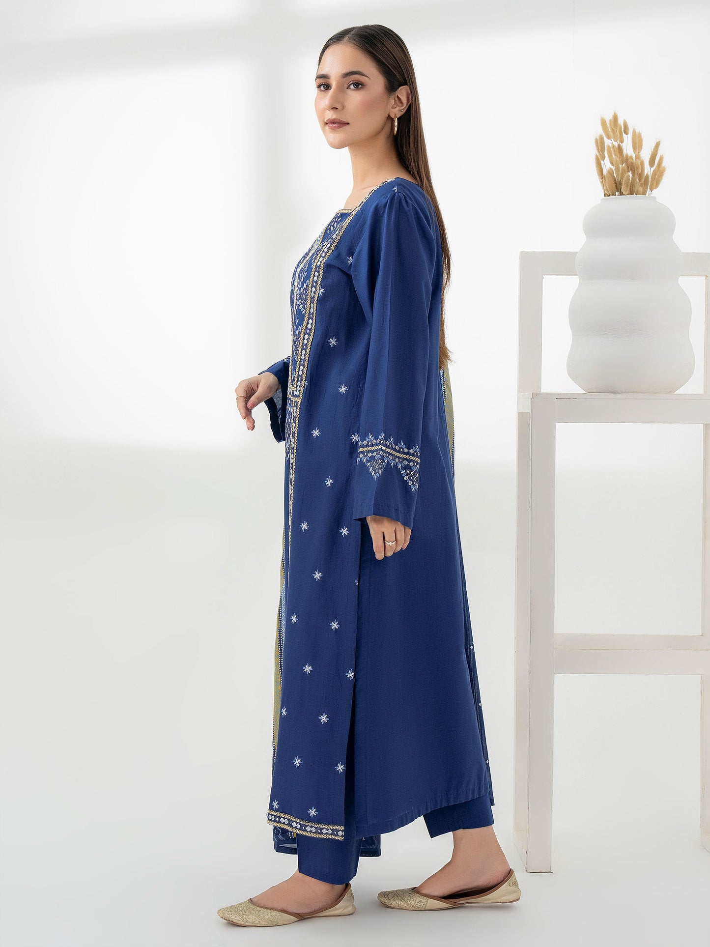 3pc Blue Embroidered Cambric Suit